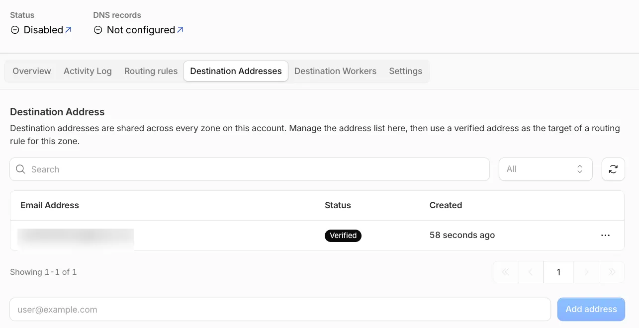 The Destination Addresses tab in Cloudflare Email Routing with one address listed as Verified, created 58 seconds ago. The address itself is blurred.