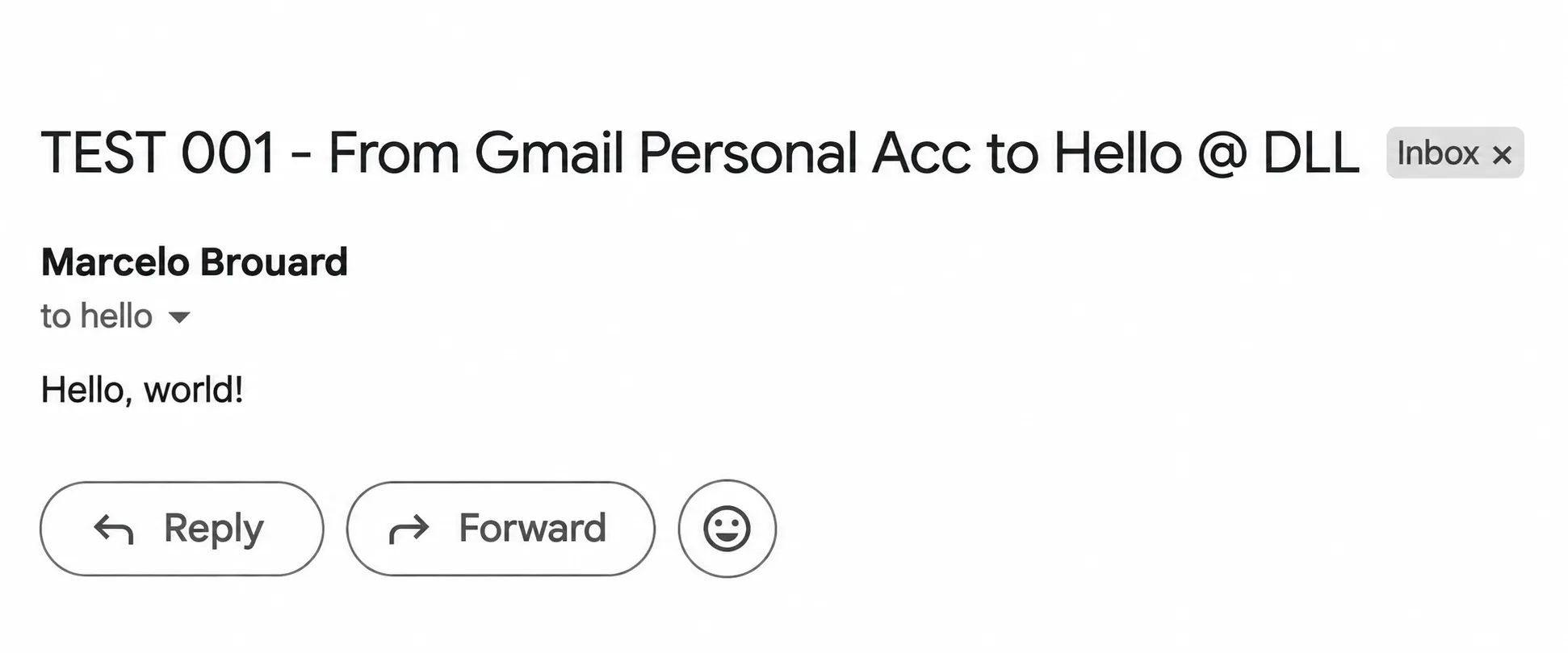 A test email addressed to hello, received in Gmail with the message “Hello, world!” The date and unrelated Gmail controls have been cropped out.