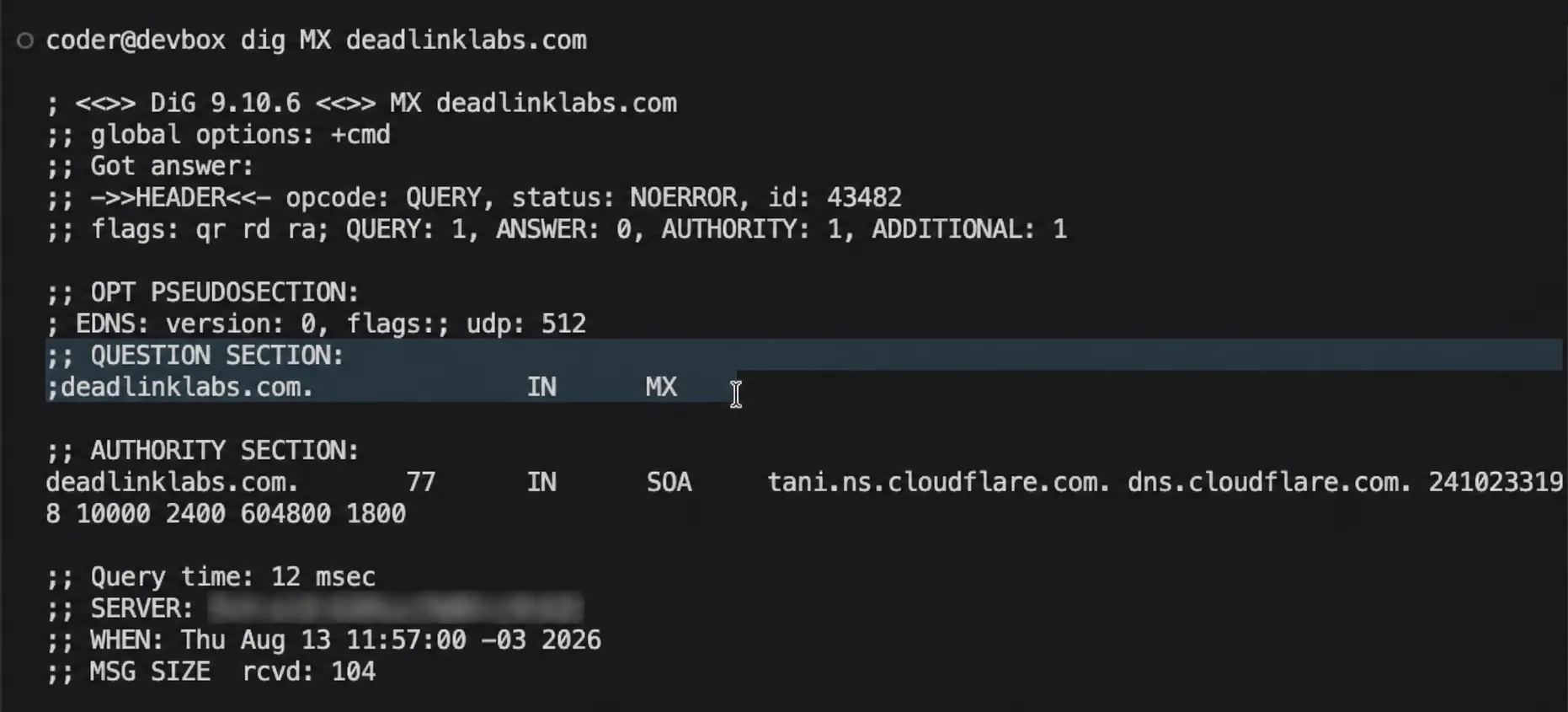 A terminal query for the MX record of deadlinklabs.com on August 13, 2026. The lookup returns NOERROR and ANSWER 0, showing that no MX record was configured yet. The local resolver address is blurred.