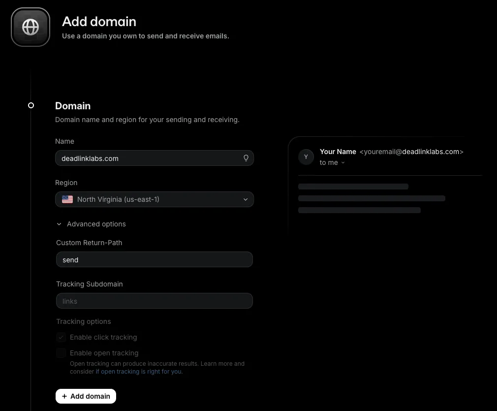 Resend's Add domain form with deadlinklabs.com as the name, North Virginia as the region, and the Custom Return-Path field set to send.