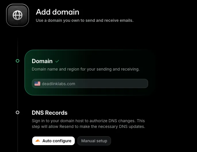 Resend's Add domain flow after the domain step, showing a DNS Records step with two buttons: Auto configure and Manual setup.