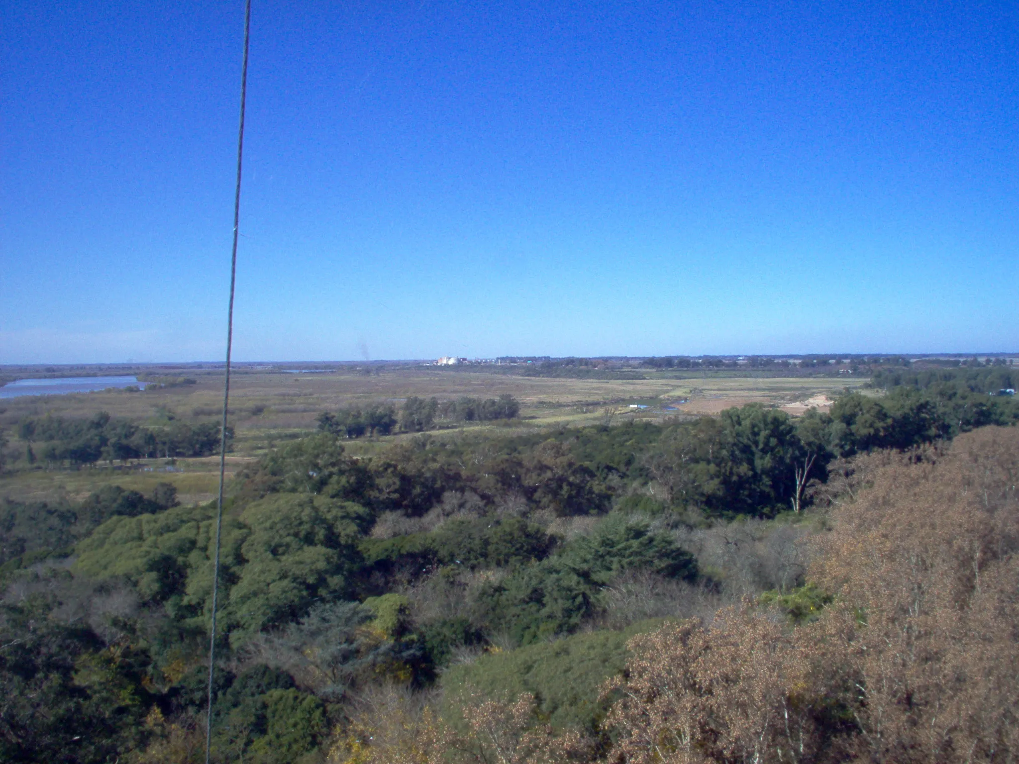 The view from the top of the tower along the backhaul path: a single guy wire crossing the frame, wetlands and tree cover in the foreground, flat country running to a hard horizon, and a small pale industrial block sitting on that horizon near the center.