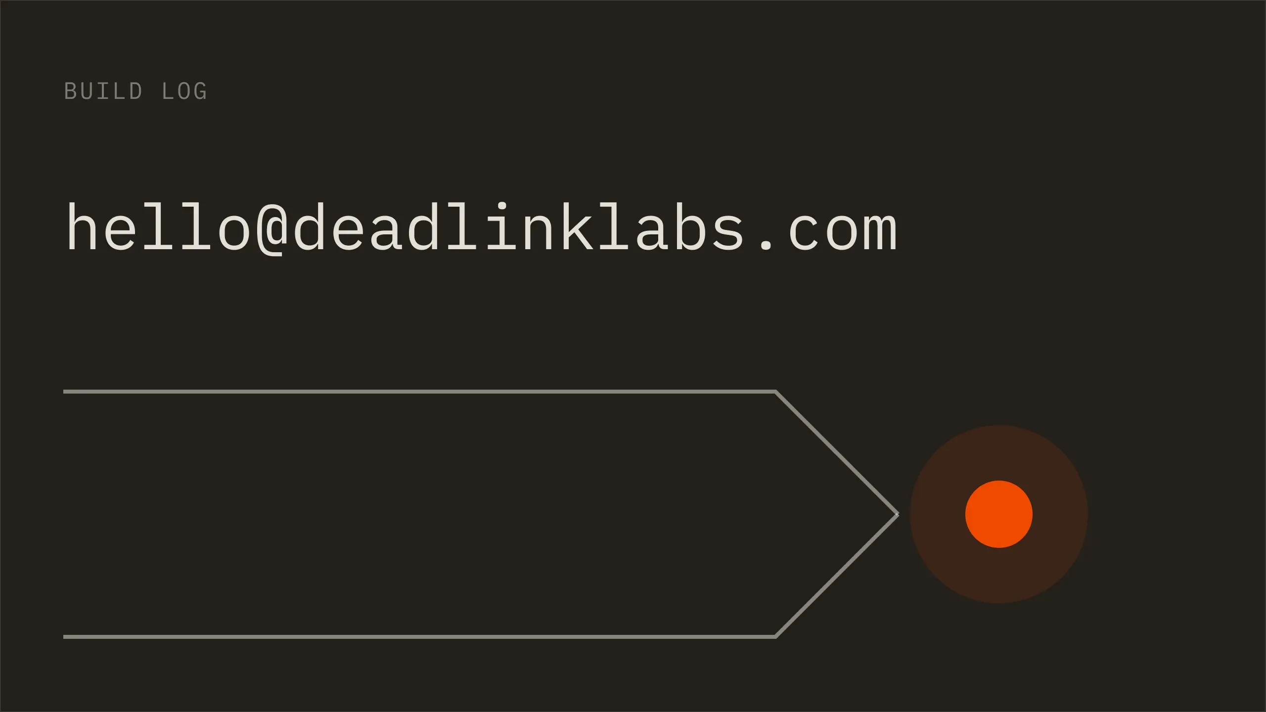 Cover artwork: the address hello@deadlinklabs.com set large in mono, with two hairlines entering from the left and converging at 45 degrees into a single orange node. Two paths, one inbox.